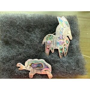 Abalone Donkey & Turtle Brooches Vintage Animal  925 Silver‎